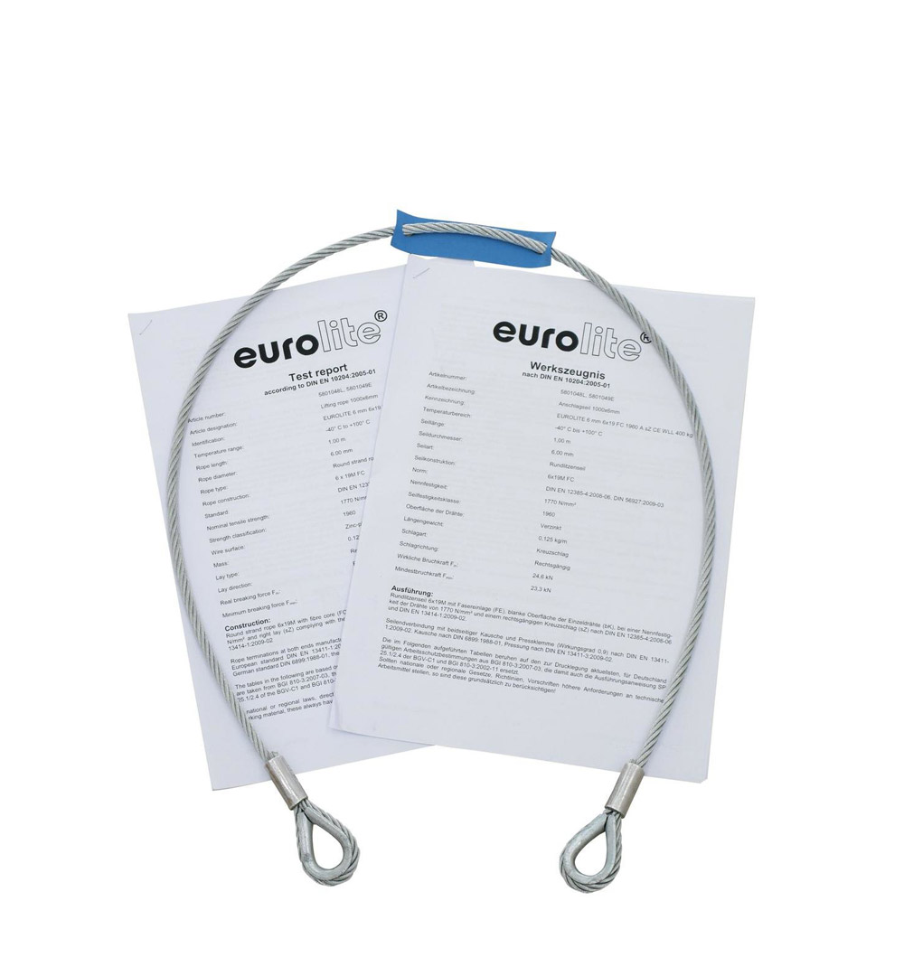 EUROLITE Stahlseil 1000x6mm silber mit Kausche