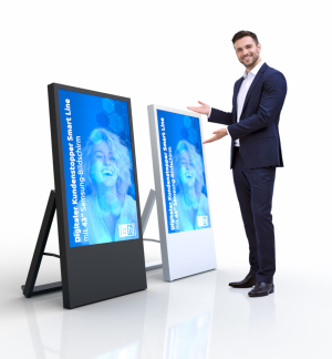 Digitaler Kundenstopper Smart Line mit 43 Zoll Samsung-Bildschirm Schwarz und Weiß - Perspektivansicht