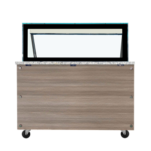 SNACK-Line Bain-Marie Theke 4x GN1/1, Granit rosa-grau, 153x82x85,5 Glasaufbau Klarglas schwarzer Rand, ohne Zwischenablage, H=396mm