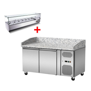 Pizza Kühltisch, Granit rosa-grau, 2 Türen, 151 x 80 Kühlaufsatz GN1/3 mit Glas Pizza Kühltisch, Granit rosa-grau, 2 Türen, 151 x 80 Kühlaufsatz GN1/3 mit Glas