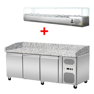 Pizza Kühltisch, Granit rosa-grau, 3 Türen, 203 x 80 Kühlaufsatz GN1/3 mit Glas Pizza Kühltisch, Granit rosa-grau, 3 Türen, 203 x 80 Kühlaufsatz GN1/3 mit Glas