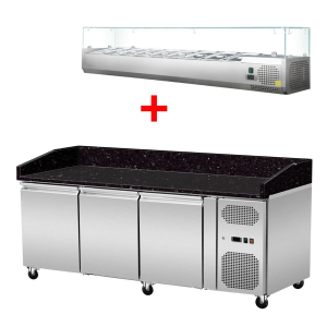 Pizza Kühltisch, Granit Star Galaxy schwarz, 3 Türen, 203 x 80 Kühlaufsatz GN1/3 mit Glas Pizza Kühltisch, Granit Star Galaxy schwarz, 3 Türen, 203 x 80 Kühlaufsatz GN1/3 mit Glas