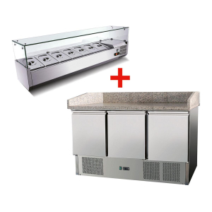 Pizzatisch 3 Türen, mit Unterbaukühlung, 140 x 70 Kühlaufsatz GN1/4 mit Glas Pizzatisch 3 Türen, mit Unterbaukühlung, 140 x 70 Kühlaufsatz GN1/4 mit Glas