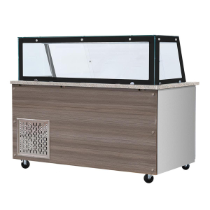 SNACK-Line, Kalte Theke, 6x GN1/1, Granit rosa-grau, 223x82x85.5 Glasaufbau Klarglas schwarzer Rand, ohne Zwischenablage H=396mm