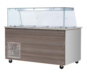 SNACK-Line, Kalte Theke, 6x GN1/1, Granit rosa-grau, 223x82x85.5 Glasaufbau Klarglas  mit Zwischenablage, H=496mm