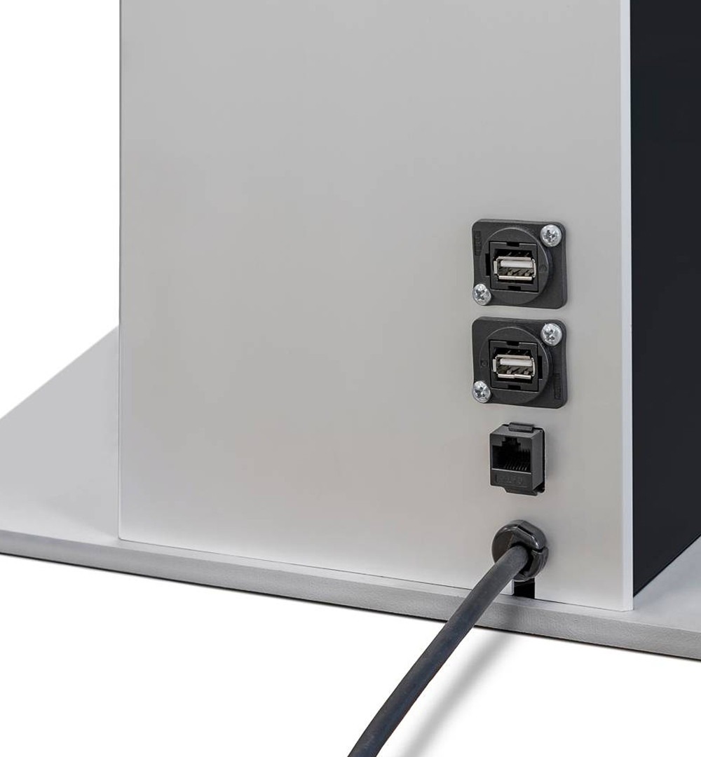 Digitale Infostele doppelseitig mit Samsung-Bildschirm - Anschlüsse zur Inhaltsverwaltung und Verlauf des Stromkabels