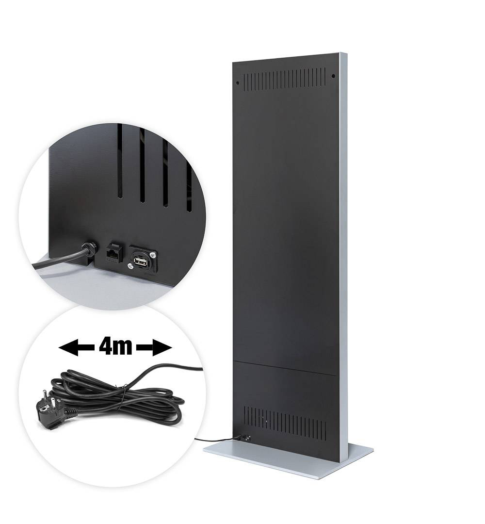 Digitale Infostele Slim mit Samsung-Bildschirm - Elektronische Verbindungen und Stromstecker im Detail 