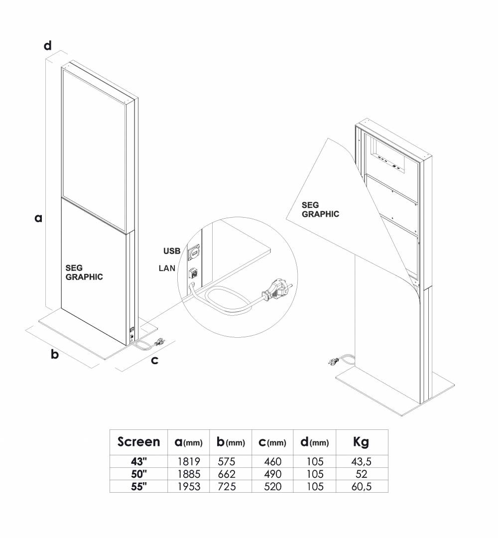 Digitale Spannstoff Stele mit 43 Zoll Samsung-Bildschirm - Technische Details 