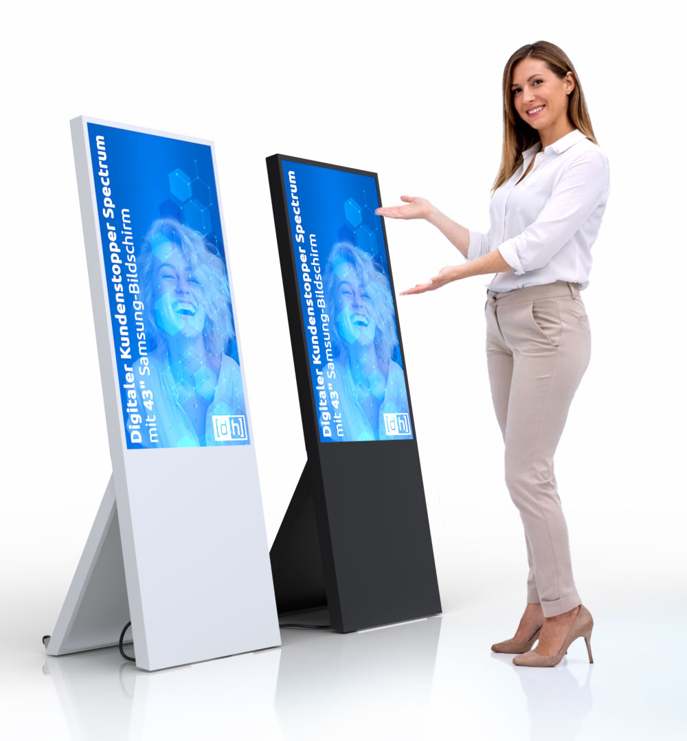 Digitaler Kundenstopper Spectrum mit 43" Samsung-Bildschirm Weiß und Schwarz - Live 01