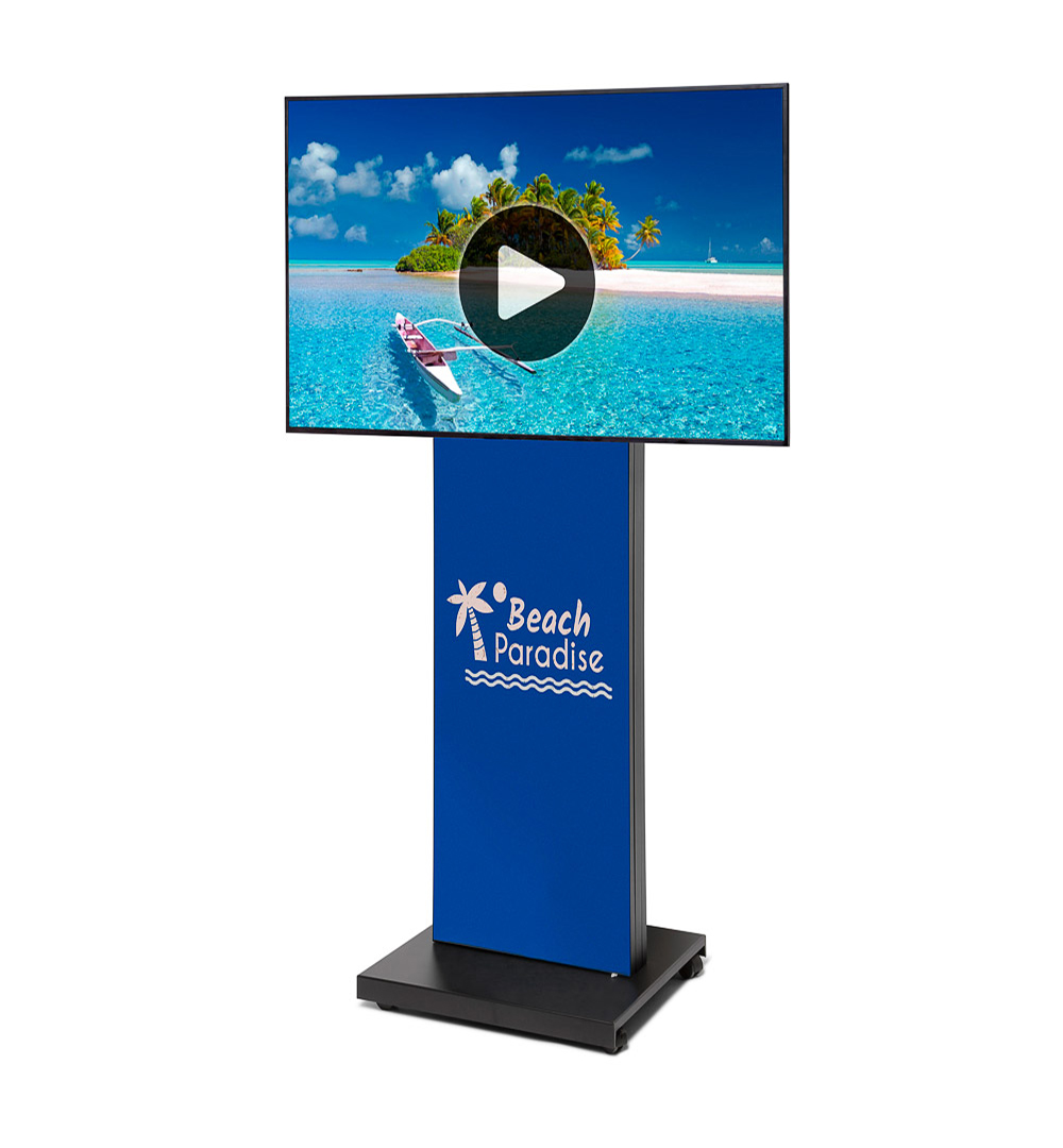 Digitales Schaufenster Display Textil mit 55 Zoll QMR Samsung-Bildschirm Inkl. Print Front und Rückseite - Vorderseite Bedruckt mit Werbung 