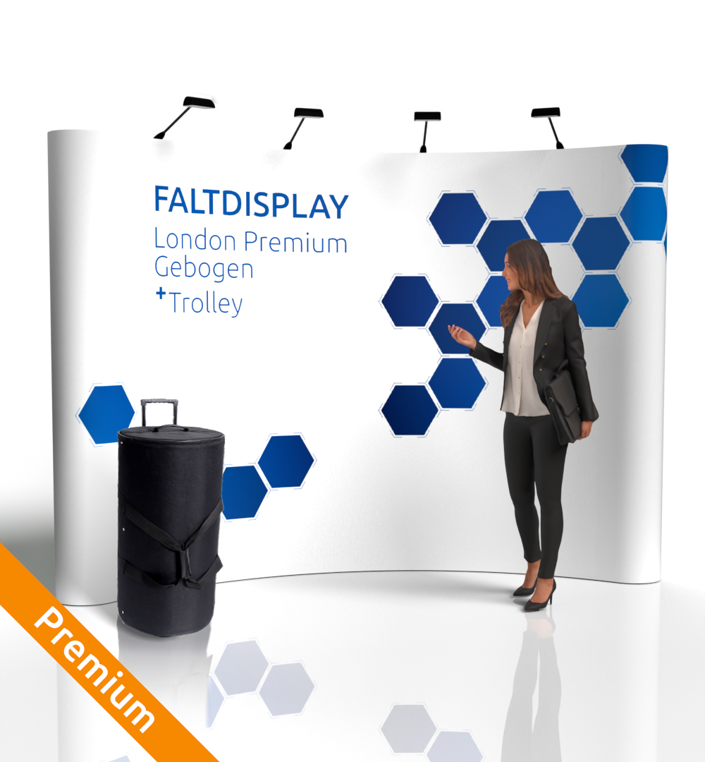 Faltdisplay London PREMIUM gebogen + Koffertrolley