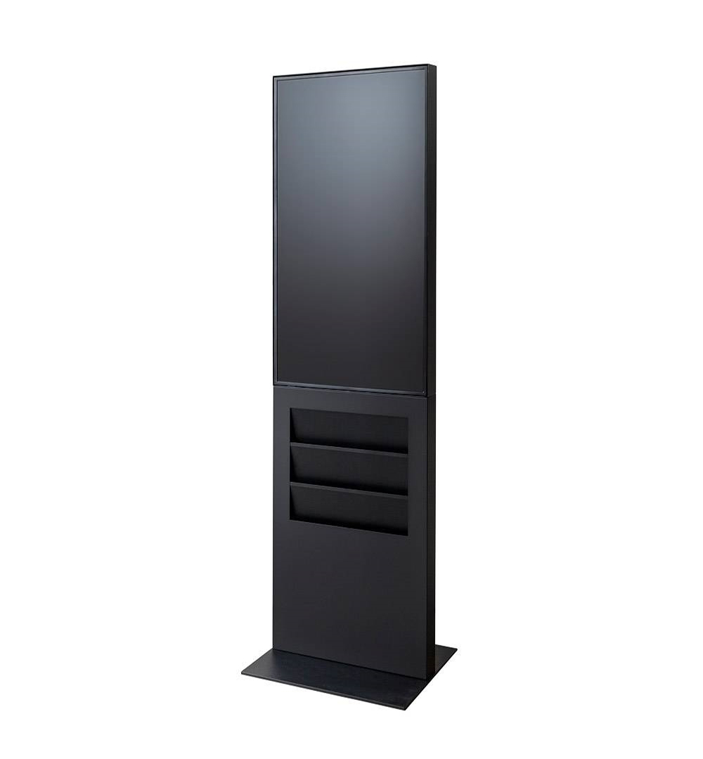 Smart Line Digitale Infostele Regal 6 x A4 mit 43 Zoll Samsung Bildschirm - Perspektivansicht schwarz