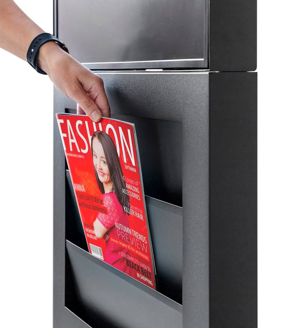 Smart Line Digitale Infostele Regal 6 x A4 mit 43 Zoll Samsung Bildschirm - Prospekthalter Detail schwarz