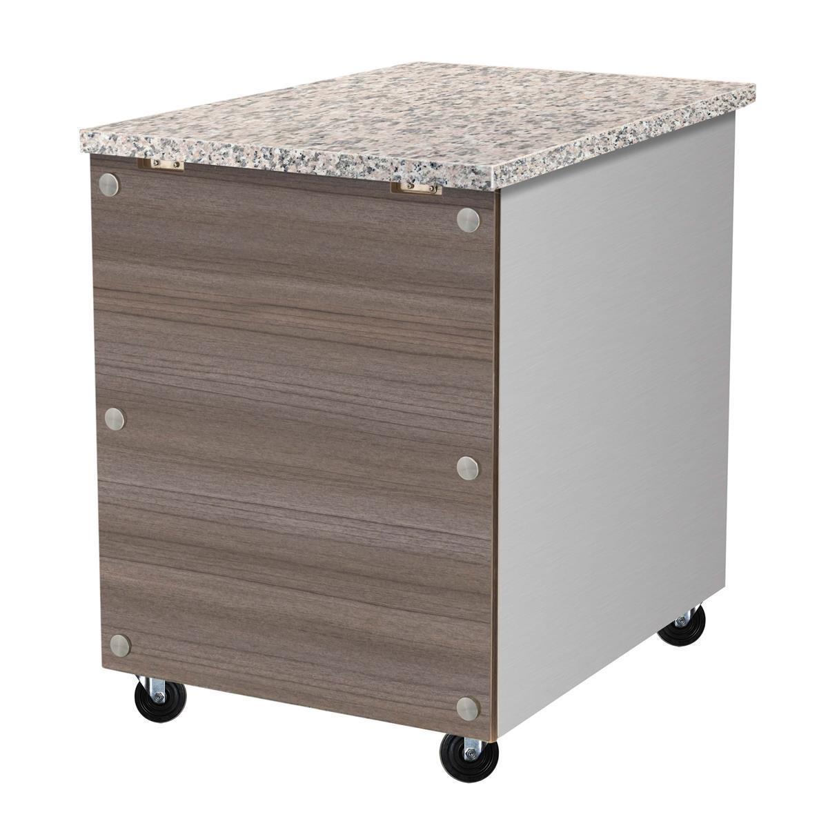 Kassentisch aus Edelstahl, Granit rosa-grau, mit Holzverkleidung, 80 x 82