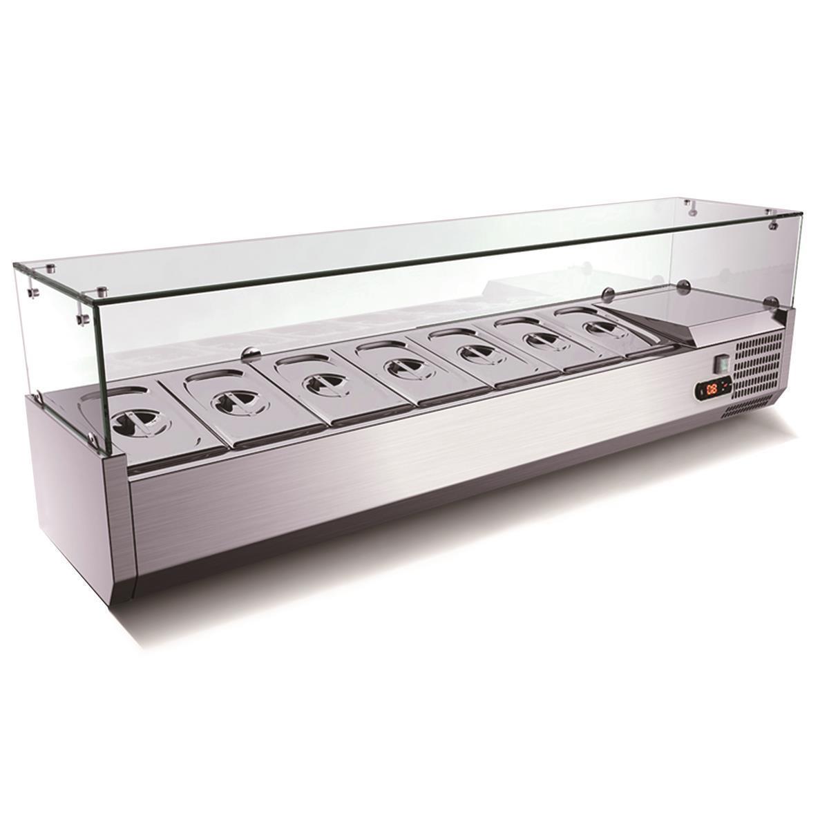 Pizza Kühltisch, Granit rosa-grau, 1 Tür, 7 ungek. Schubladen, 151 x 80 Kühlaufsatz GN1/4 mit Glas