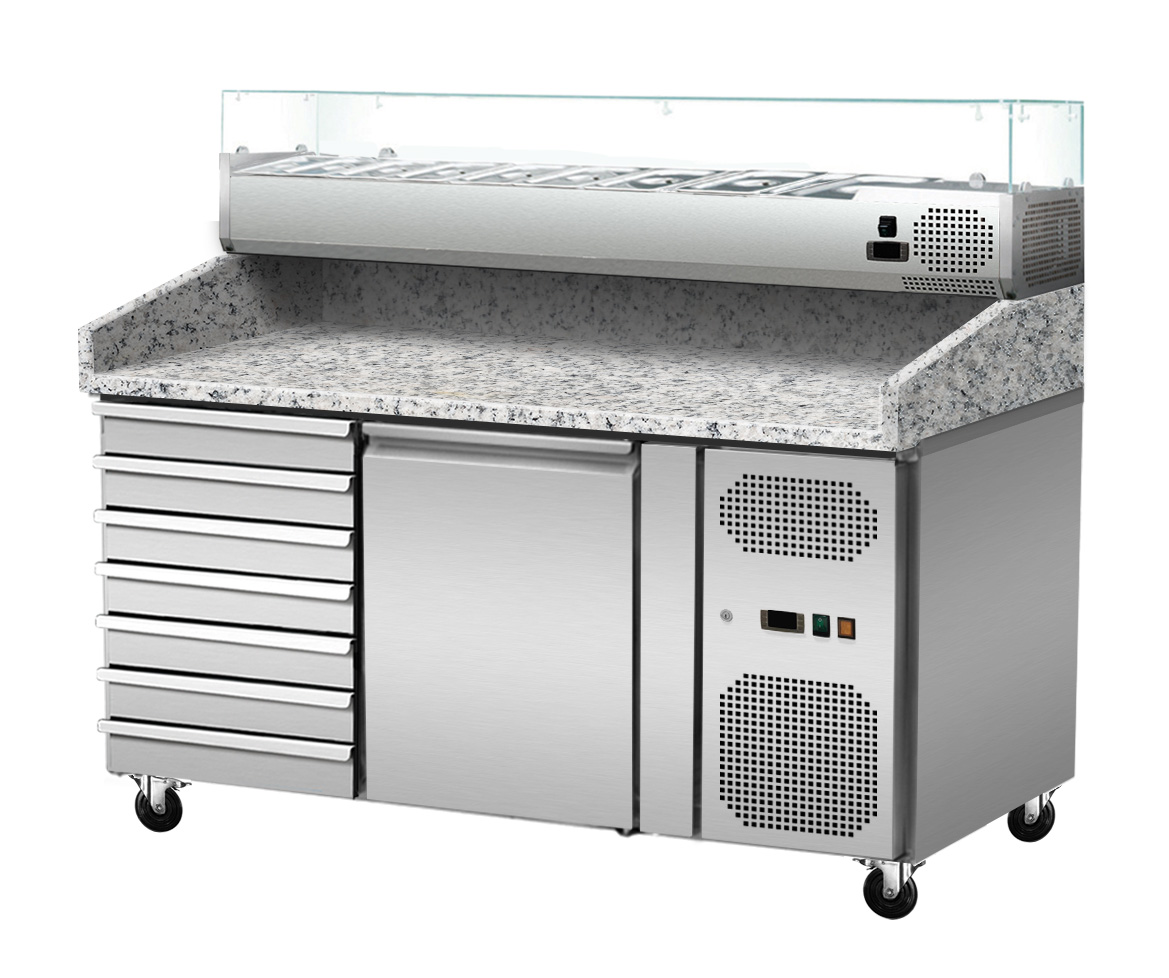 Pizza Kühltisch, Granit rosa-grau, 1 Tür, 7 ungek. Schubladen, 151 x 80 Kühlaufsatz GN1/4 mit Glas