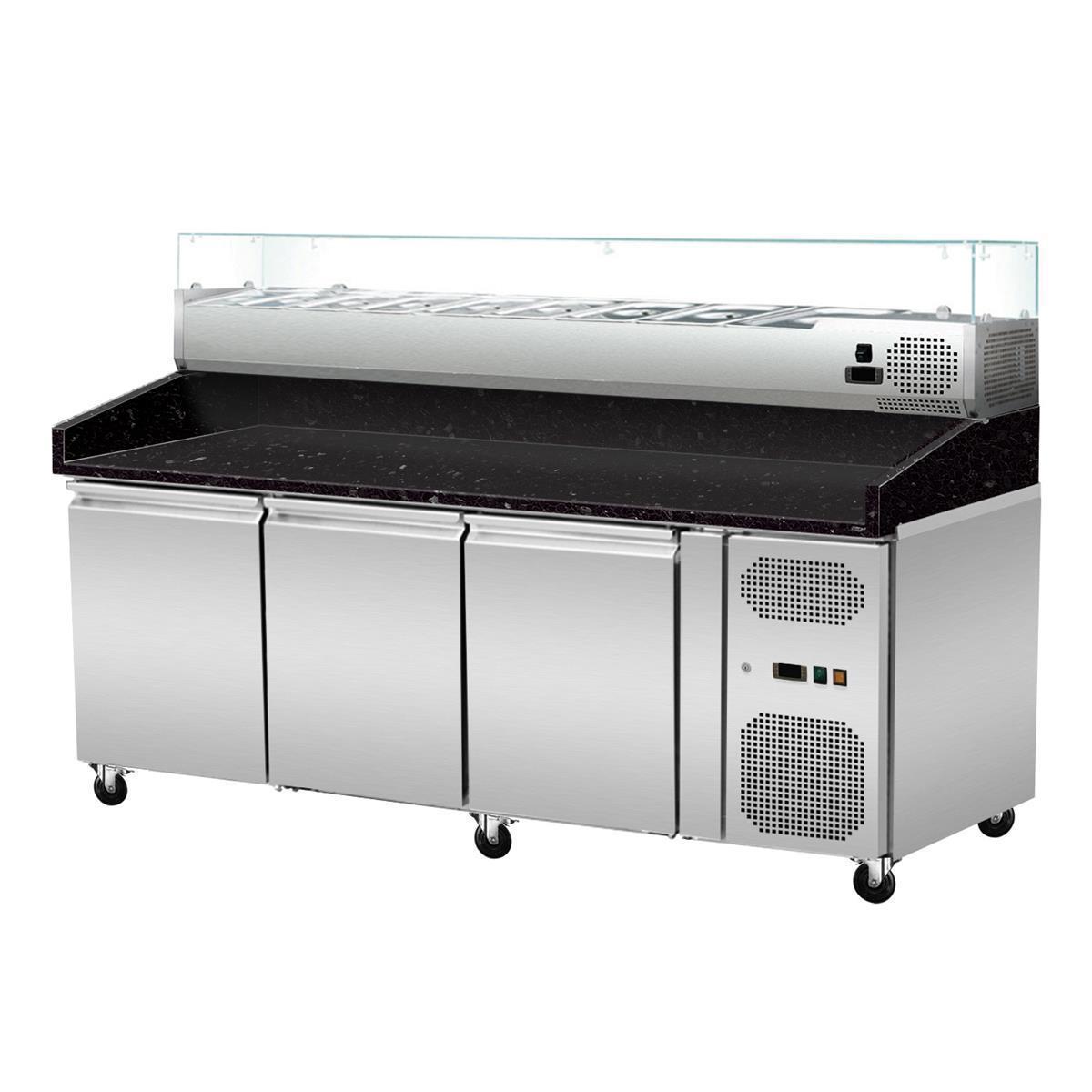 Pizza Kühltisch, Granit Star Galaxy schwarz, 3 Türen, 203 x 80 Kühlaufsatz GN1/4 mit Glas