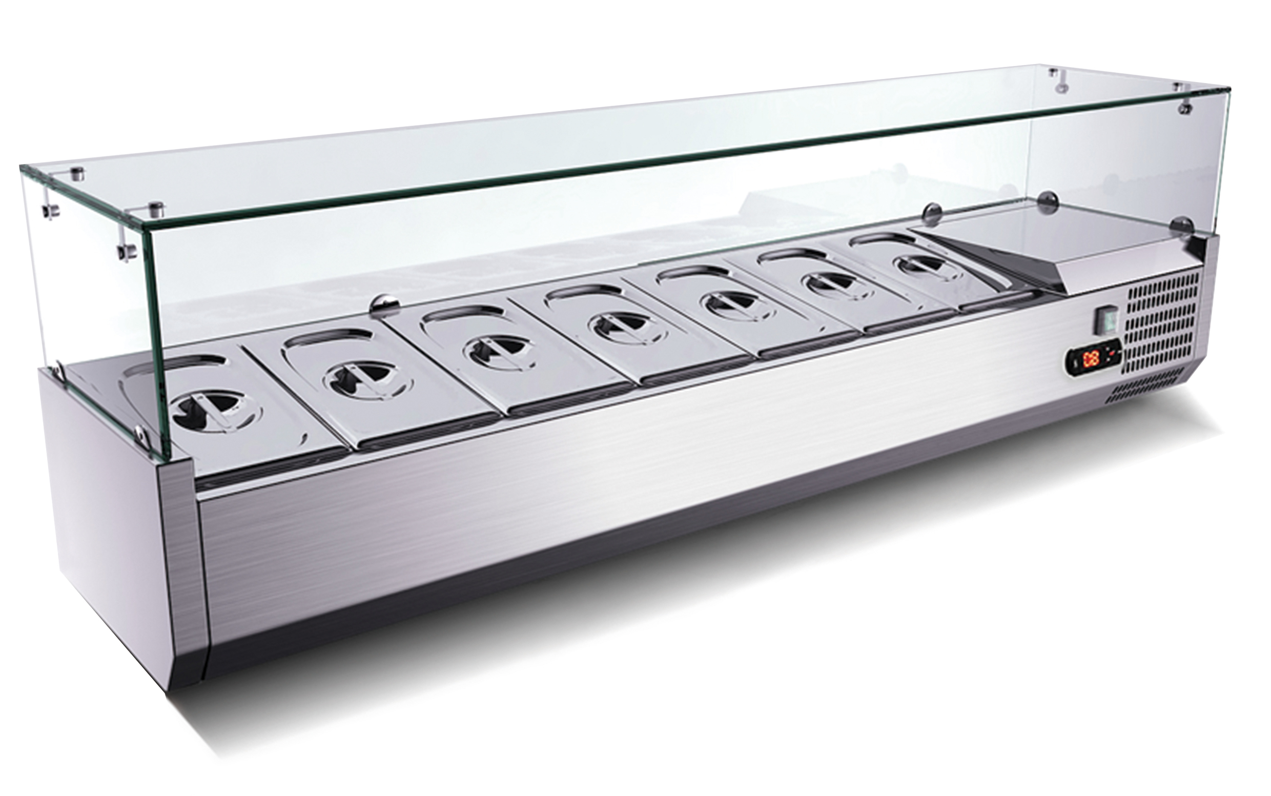 Pizzatisch 3 Türen, mit Unterbaukühlung, 140 x 70 Kühlaufsatz GN1/4 mit Glas