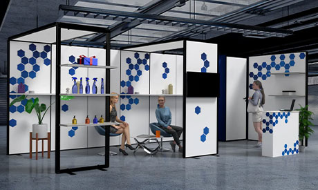 Modulares Messestand Rahmensystem mit großflächigen Textilgrafiken