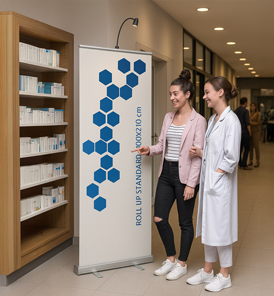 Mobiles Roll-Up-Display in der Apotheke als Informationsfläche für Gesundheitsangebote