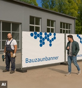 Bauzaunbanner mit Firmenlogo als Sichtschutz auf Baustellen