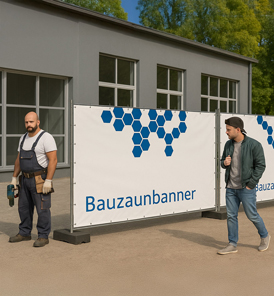 Bauzaunbanner mit Firmenlogo als Sichtschutz auf Baustellen