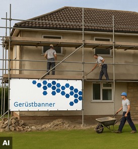 Gerüstbanner mit Werbung an Fassadengerüst auf Baustelle