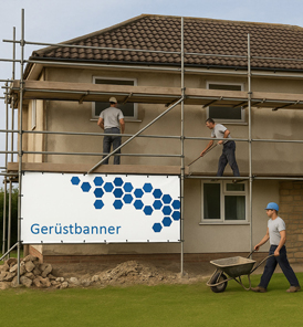 Gerüstbanner mit Werbung an Fassadengerüst auf Baustelle
