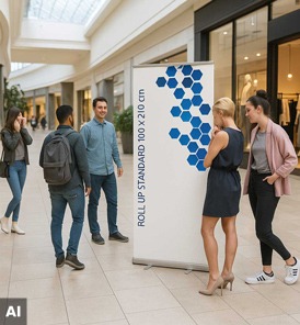 Roll-Up Banner zur Präsentation von Produktneuheiten oder Markenbotschaften im Verkaufsraum