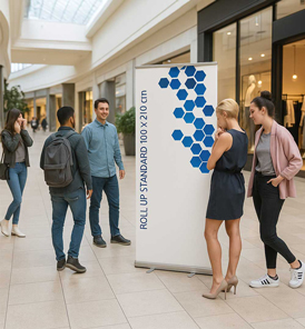 Roll-Up Banner zur Präsentation von Produktneuheiten oder Markenbotschaften im Verkaufsraum