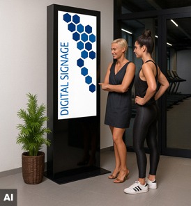 Digital Signage im Fitnessstudio mit Kursplan, Trainingshinweisen und Mitgliedschaftsaktion am Empfang
