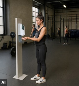 Transparenter Hygieneschutz am Check-in-Tresen eines Fitnessstudios zwischen Team und Mitgliedern