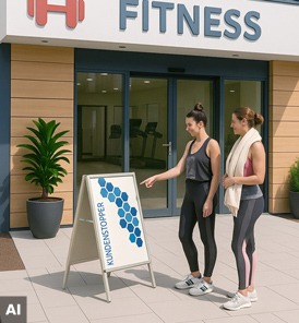 Kundenstopper vor dem Fitnessstudio mit Hinweis auf Probetraining und Kursstart