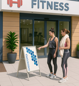 Kundenstopper vor dem Fitnessstudio mit Hinweis auf Probetraining und Kursstart