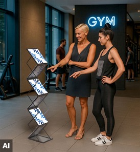 Prospektständer im Fitnessstudio mit Flyern zu Mitgliedschaften, Ernährungsplänen und Kursinformationen