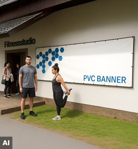 PVC-Banner an der Fassade und im Trainingsbereich eines Fitnessstudios mit Aktionsmotiv