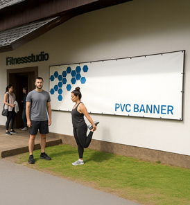 PVC-Banner an der Fassade und im Trainingsbereich eines Fitnessstudios mit Aktionsmotiv