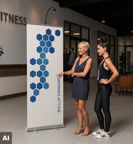 Roll-Up Display im Fitnessstudio-Eingang mit Info zu Tarifen, Probetraining und Kursen