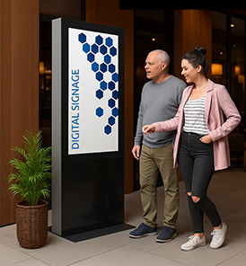 Digital Signage Monitor in einem Restaurant mit animierter Speisekarte und Tagesangeboten