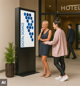 Digital Signage im Hotel mit Anzeige von Angeboten, Events und Serviceinformationen an der Rezeption