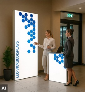 LED Werbedisplay im Hotel mit leuchtender Anzeige für Veranstaltungen, Angebote und Willkommensgrüße