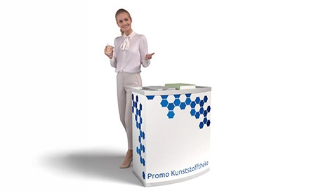 Individuell bedruckte Kunststofftheke für Messe, Promotion und POS