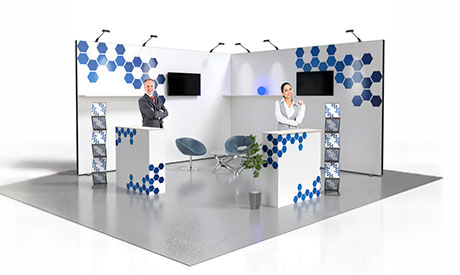 Individuell bedruckter Messe-Eckstand mit zwei offenen Seiten