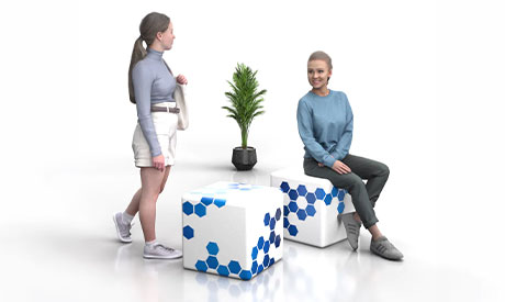 Messemöbel mit Bartischen, Stühlen, Hockern und Tischen auf einem professionellen Messestand