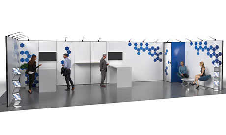Modularer Messestand Pop-Up 116 mit individuell bedruckten Präsentationsflächen