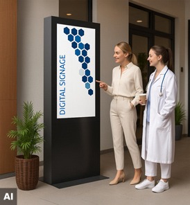 Digital Signage Monitor in einer Arztpraxis mit Gesundheits­informationen und Patientenhinweisen