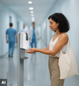 Transparenter Hygieneschutz am Empfang einer Arztpraxis zwischen Personal und Patienten