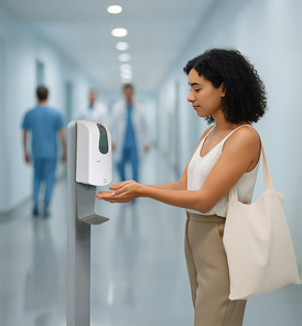Transparenter Hygieneschutz am Empfang einer Arztpraxis zwischen Personal und Patienten