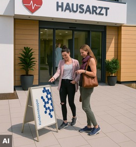 Kundenstopper vor einer Arztpraxis mit Information zu Öffnungszeiten und Vorsorgeaktionen