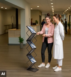 Prospektständer im Wartezimmer einer Arztpraxis mit Patientenbroschüren und Informationsmaterial